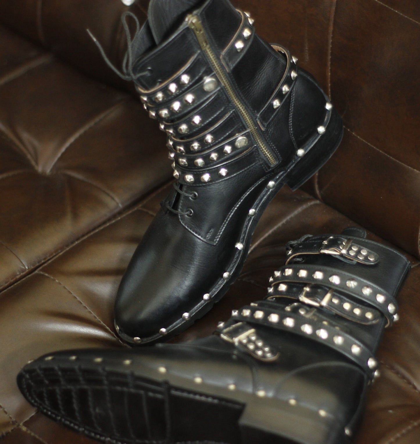 New Men's Handmade Formal Shoes Black Leather Stud Lace Up Ankle High Stylish Zip Up Buckles Studded Style Boots