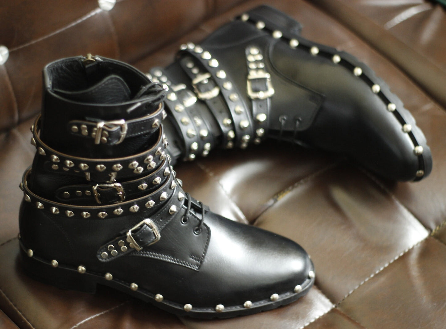 New Men's Handmade Formal Shoes Black Leather Stud Lace Up Ankle High Stylish Zip Up Buckles Studded Style Boots