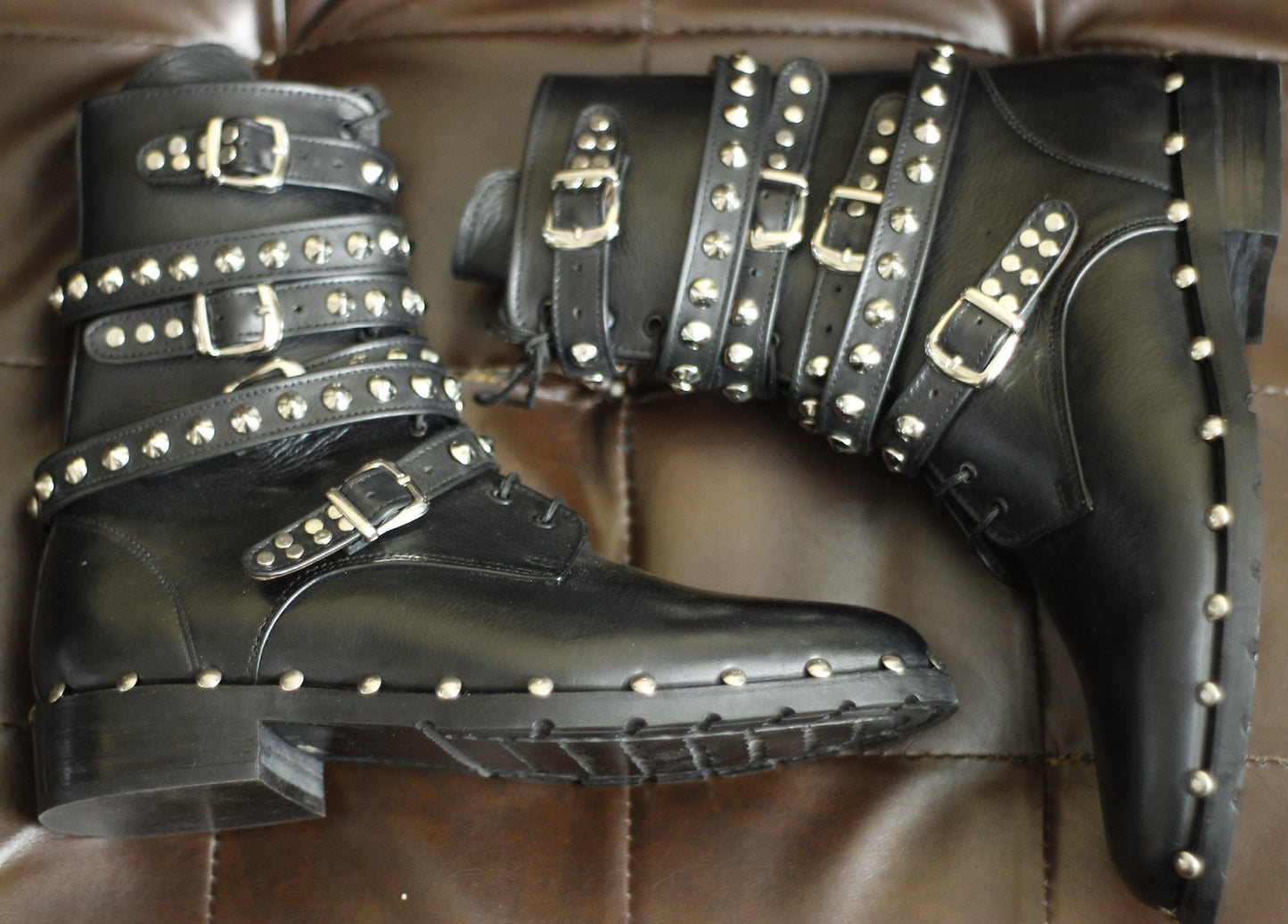 New Men's Handmade Formal Shoes Black Leather Stud Lace Up Ankle High Stylish Zip Up Buckles Studded Style Boots