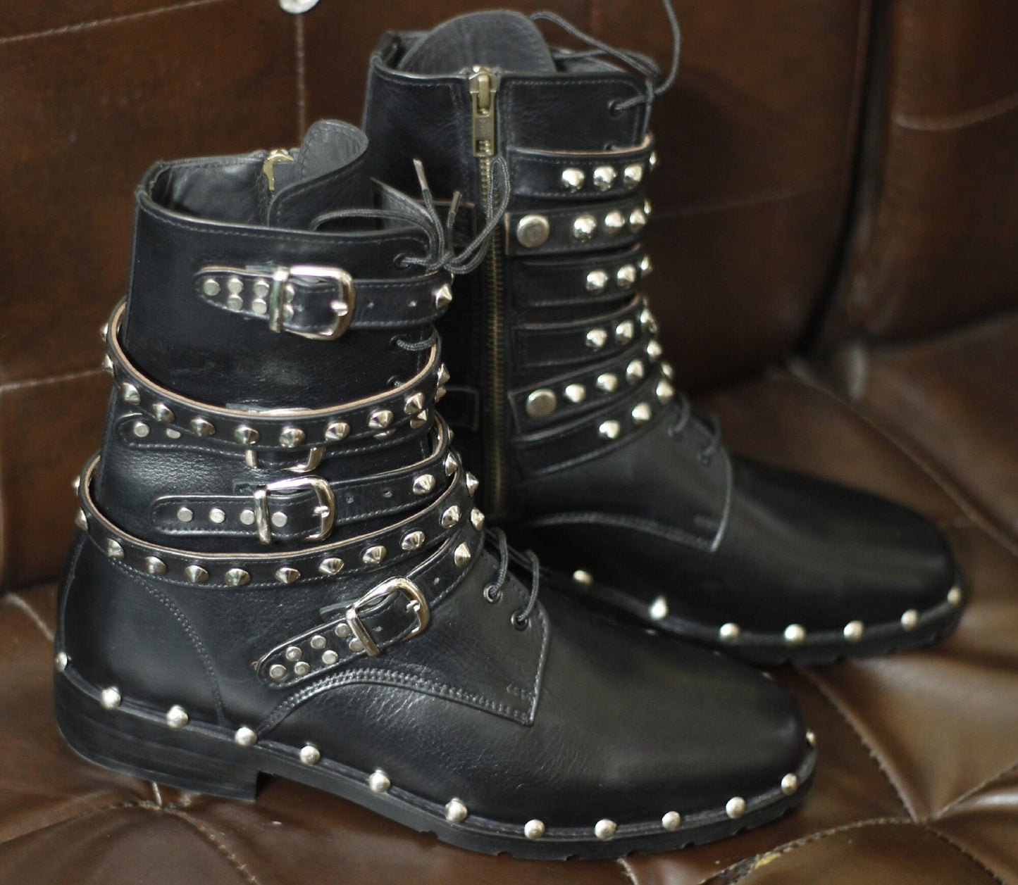 New Men's Handmade Formal Shoes Black Leather Stud Lace Up Ankle High Stylish Zip Up Buckles Studded Style Boots