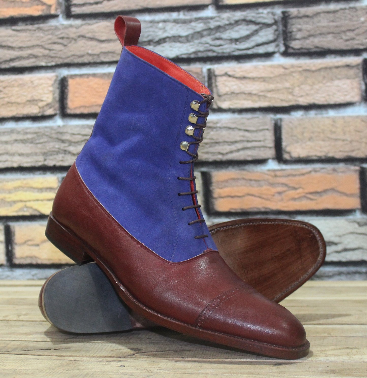 New Men's Handmade Formal Shoes Burgundy Leather & Blue Suede Lace Up Ankle High Stylish Cap Toe Boots