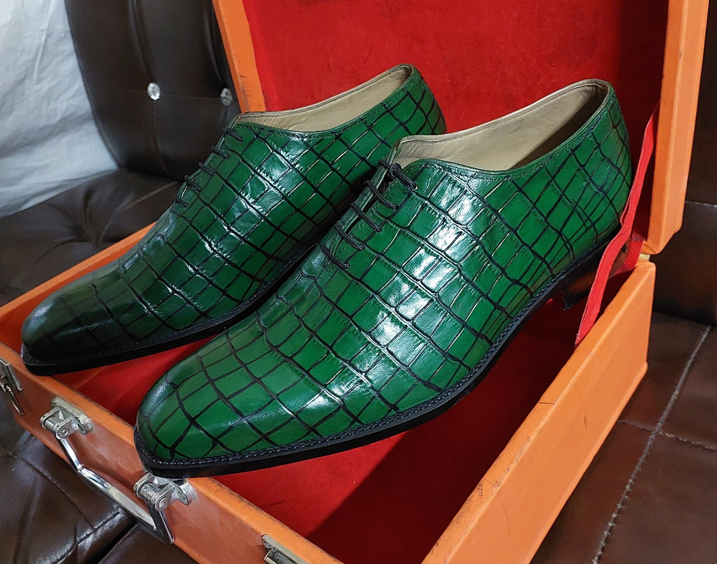 New Men's Handmade Formal Shoes Green Crocodile Textured Leather Lace Up Stylish Dress & Casual Wear Shoes