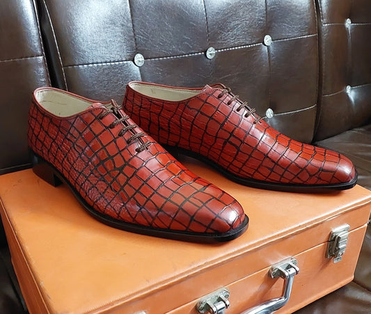 Handmade Men's Formal Shoes in Red Crocodile Texture, Lace Up Oxford, Stylish Dress & Casual Wear