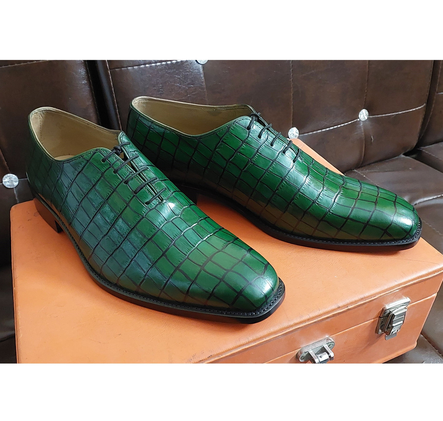 New Men's Handmade Formal Shoes Green Crocodile Textured Leather Lace Up Stylish Dress & Casual Wear Shoes