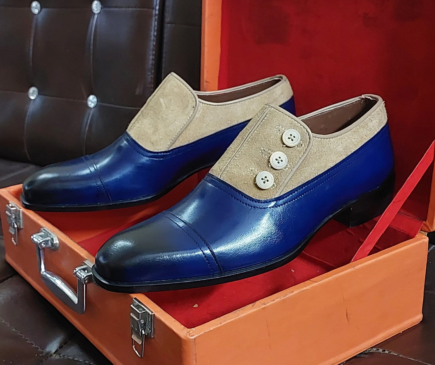 Men's Handmade Formal Shoes Blue Leather & Beige Suede Button Shoes Stylish Dress / Casual Wear Shoes