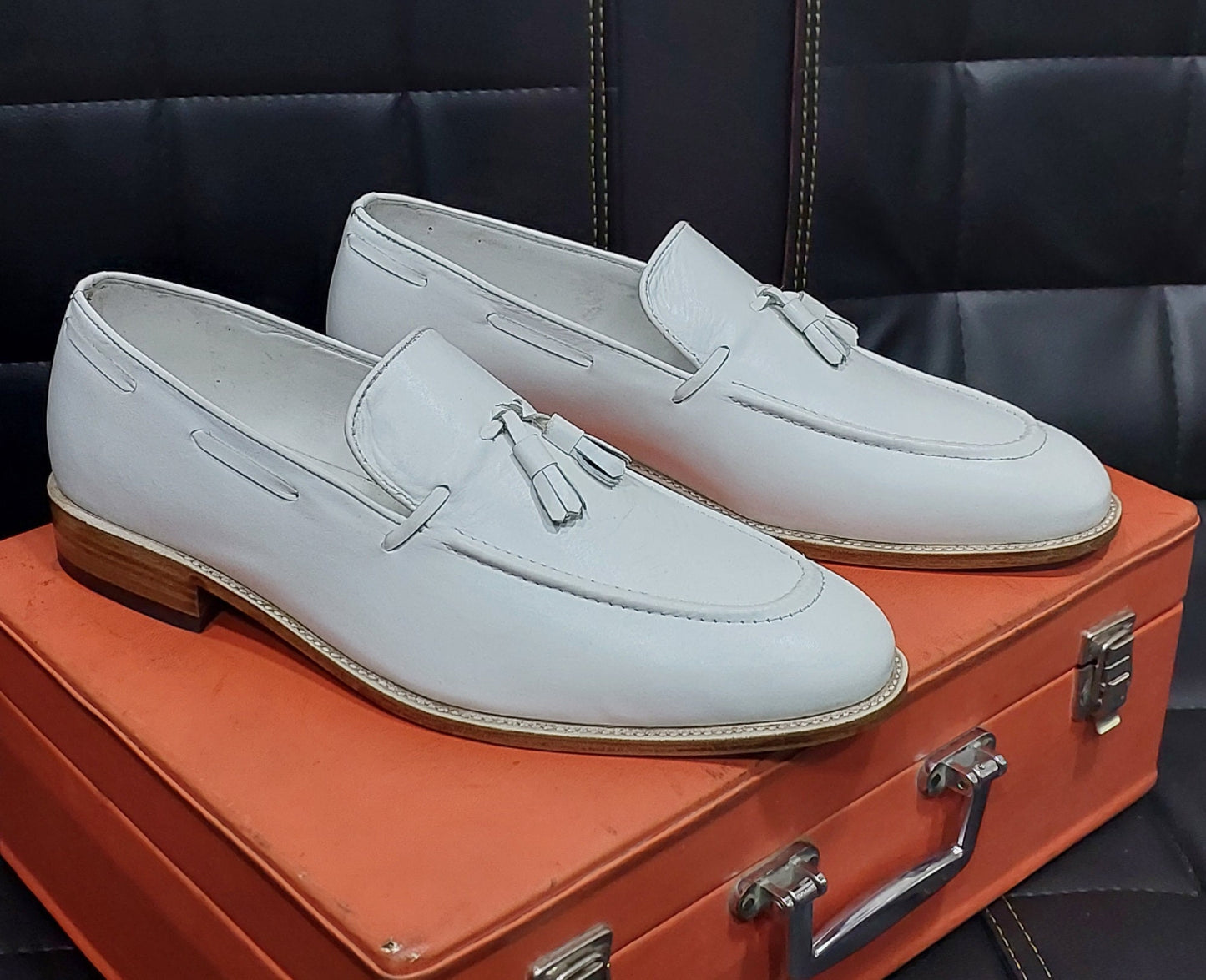 New Men's Handmade Formal Shoes White Leather Slip On Stylish Bespoke Butto Loafer Teasels Dress & Formal Wear Shoes