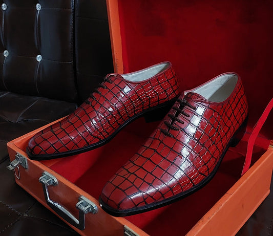 New Men's Handmade Formal Shoes Red Crocodile Textured Leather , Lace Up Stylish Dress & Casual Wear Shoes