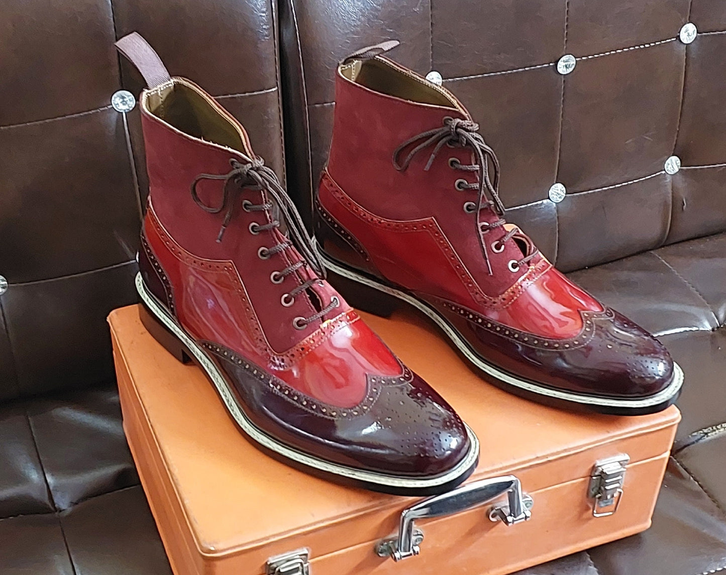 New Men's Handmade Formal Shoes Red ,Maroon Leather Red suede Lace Up Ankle Stylish High Wing Tip Dress & Formal Boots