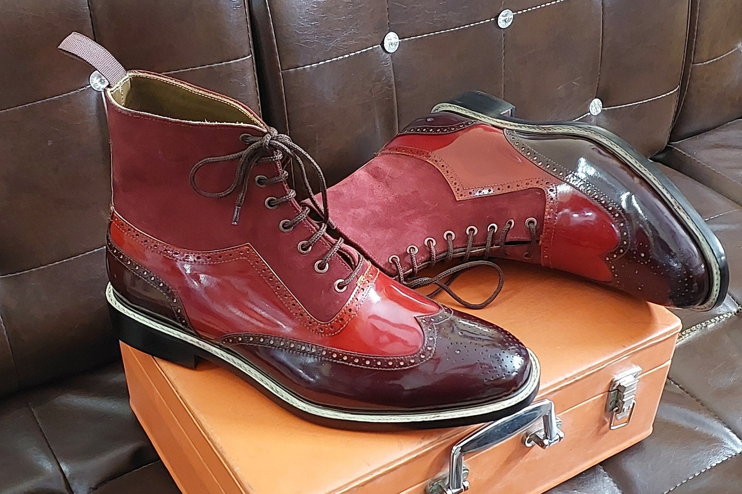 New Men's Handmade Formal Shoes Red ,Maroon Leather Red suede Lace Up Ankle Stylish High Wing Tip Dress & Formal Boots