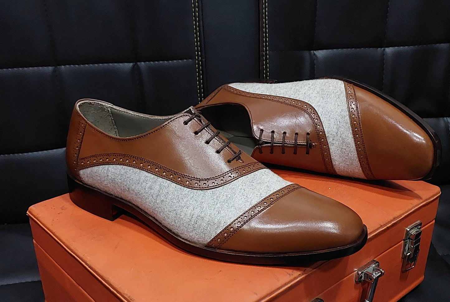 New Men's Handmade Formal Shoes  Brown  Leather Stylish , Grey  Suede Lace Up Cap Toe Dress & Formal Wear Shoes