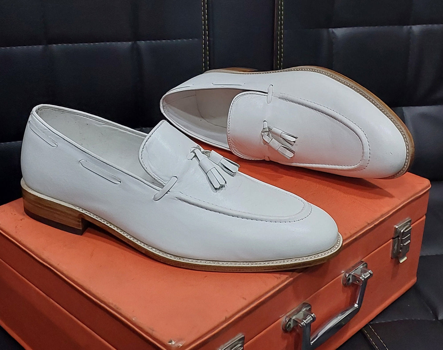 New Men's Handmade Formal Shoes White Leather Slip On Stylish Bespoke Butto Loafer Teasels Dress & Formal Wear Shoes