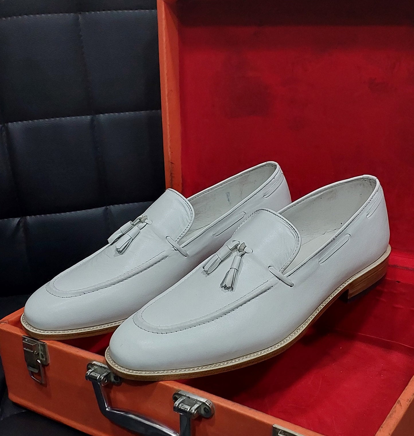 New Men's Handmade Formal Shoes White Leather Slip On Stylish Bespoke Butto Loafer Teasels Dress & Formal Wear Shoes