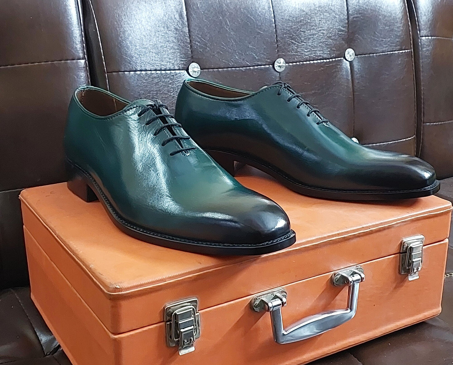 New Men's Handmade Formal Shoes  Green Shaded Leather Lace Up Stylish Dress & Formal Wear Shoes