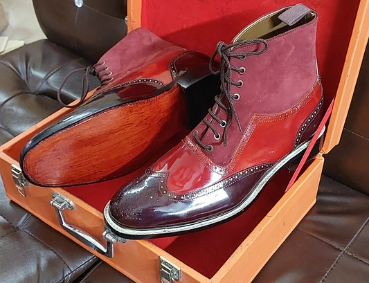 New Men's Handmade Formal Shoes Red ,Maroon Leather Red suede Lace Up Ankle Stylish High Wing Tip Dress & Formal Boots