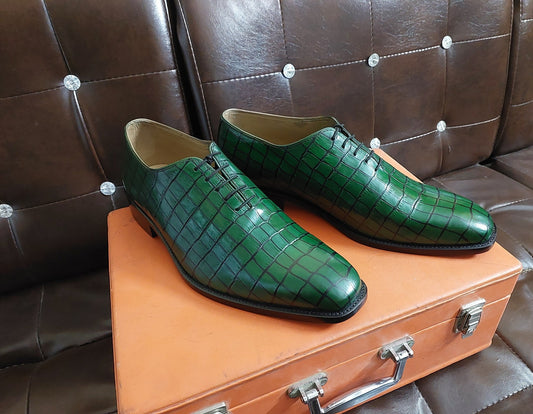 New Men's Handmade Formal Shoes Green Crocodile Textured Leather Lace Up Stylish Dress & Formal Wear Shoes