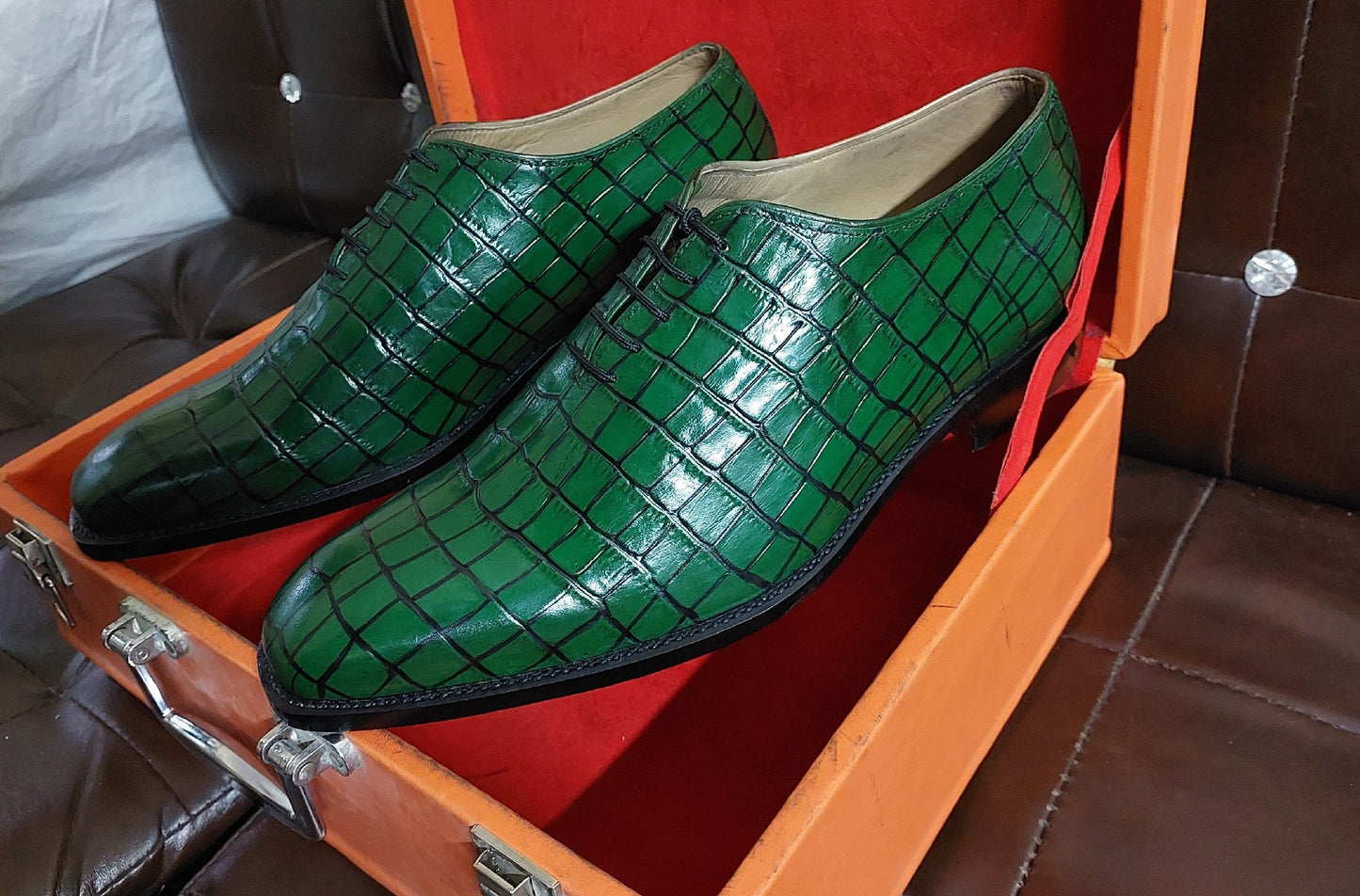 New Men's Handmade Formal Shoes Green Crocodile Textured Leather Lace Up Stylish Dress & Formal Wear Shoes