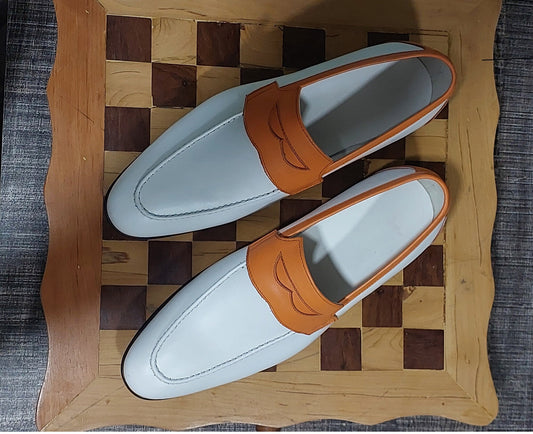 New Men's Handmade Formal Shoes Orange , White  Leather Slip On Stylish Loafer Teasels Dress & Formal Wear Shoes