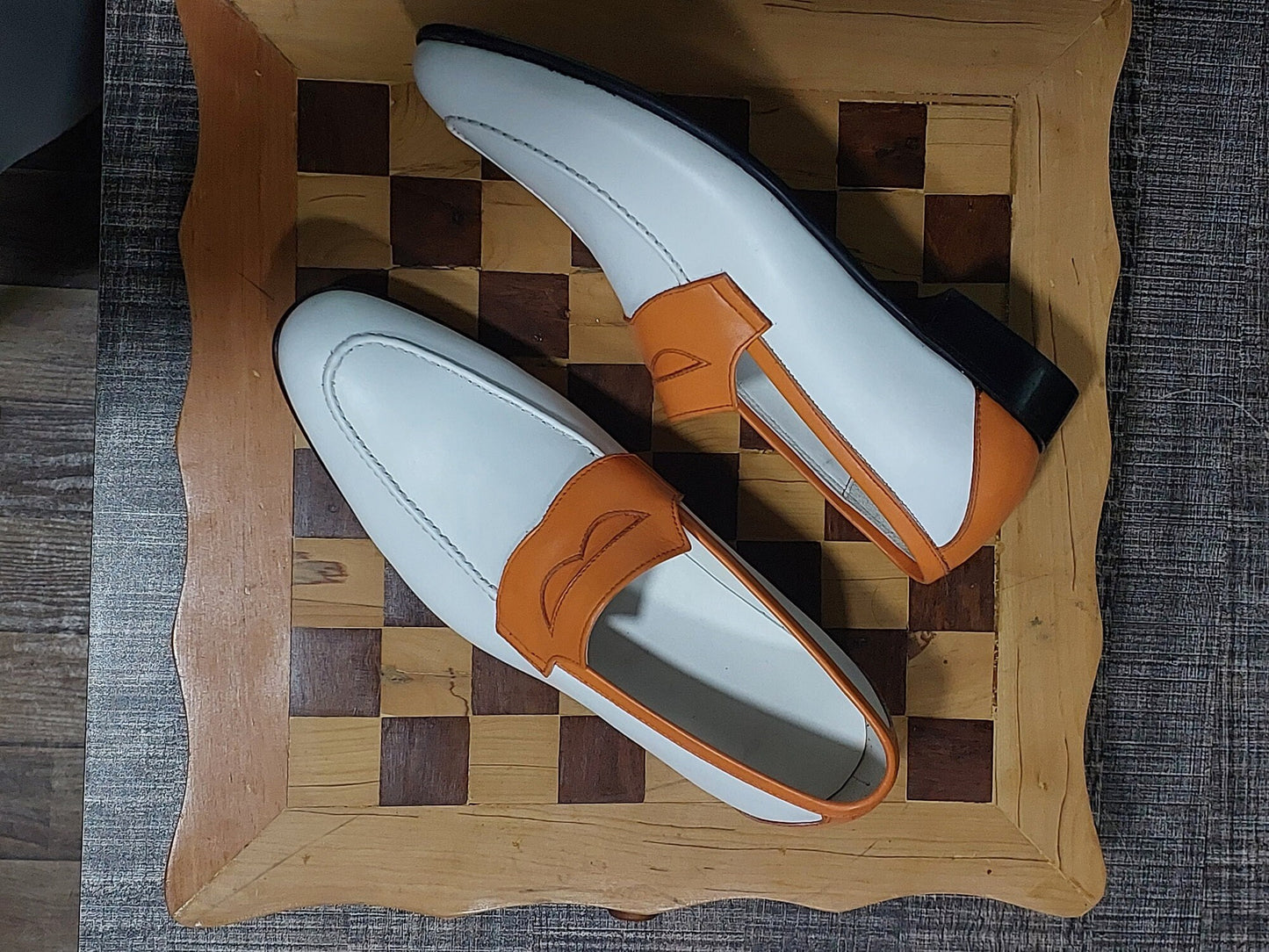 New Men's Handmade Formal Shoes Orange , White  Leather Slip On Stylish Loafer Teasels Dress & Formal Wear Shoes