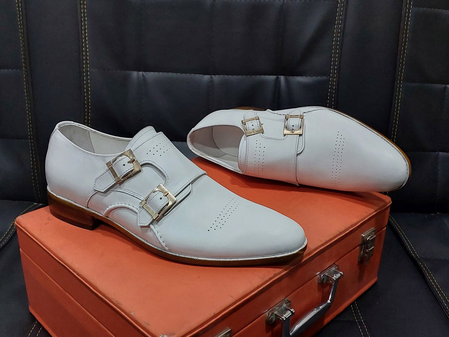 New Men's Handmade Formal Shoes white Leather Double Buckle Straps Stylish Dress & Formal Wear Shoes