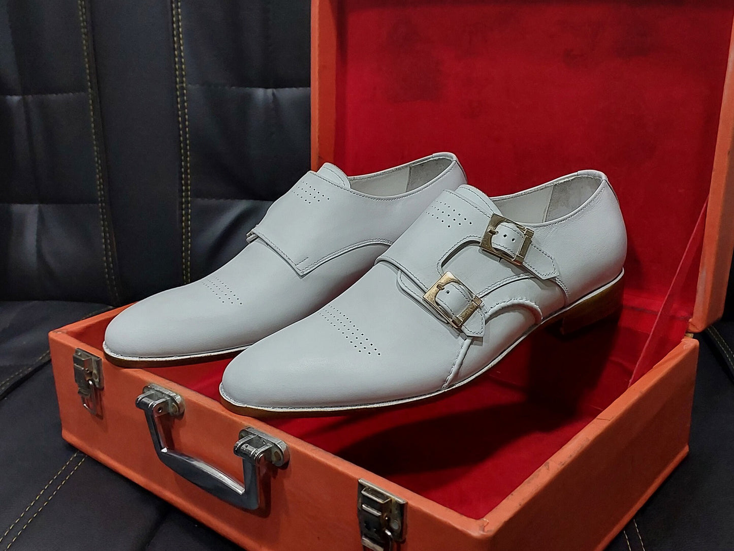 New Men's Handmade Formal Shoes white Leather Double Buckle Straps Stylish Dress & Formal Wear Shoes