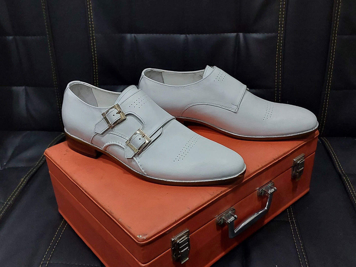 New Men's Handmade Formal Shoes white Leather Double Buckle Straps Stylish Dress & Formal Wear Shoes