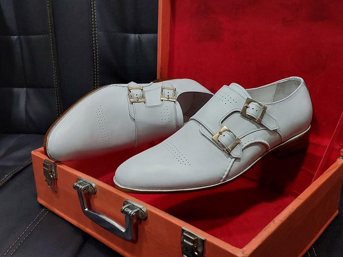 New Men's Handmade Formal Shoes white Leather Double Buckle Straps Stylish Dress & Formal Wear Shoes