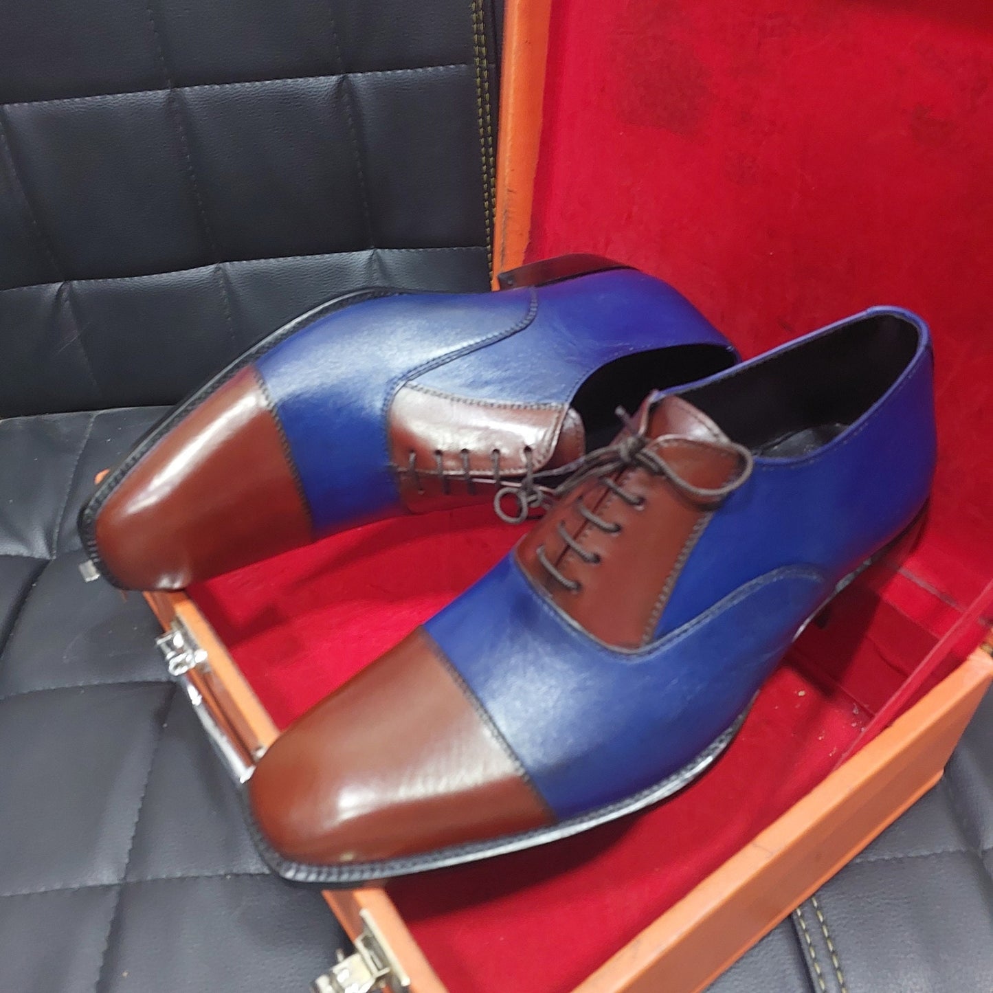 New Men's Handmade Formal Shoes Two Tone Blue & Brown Leather Lace Up Stylish Cap Toe Brogue Dress / Casual Wear Shoes