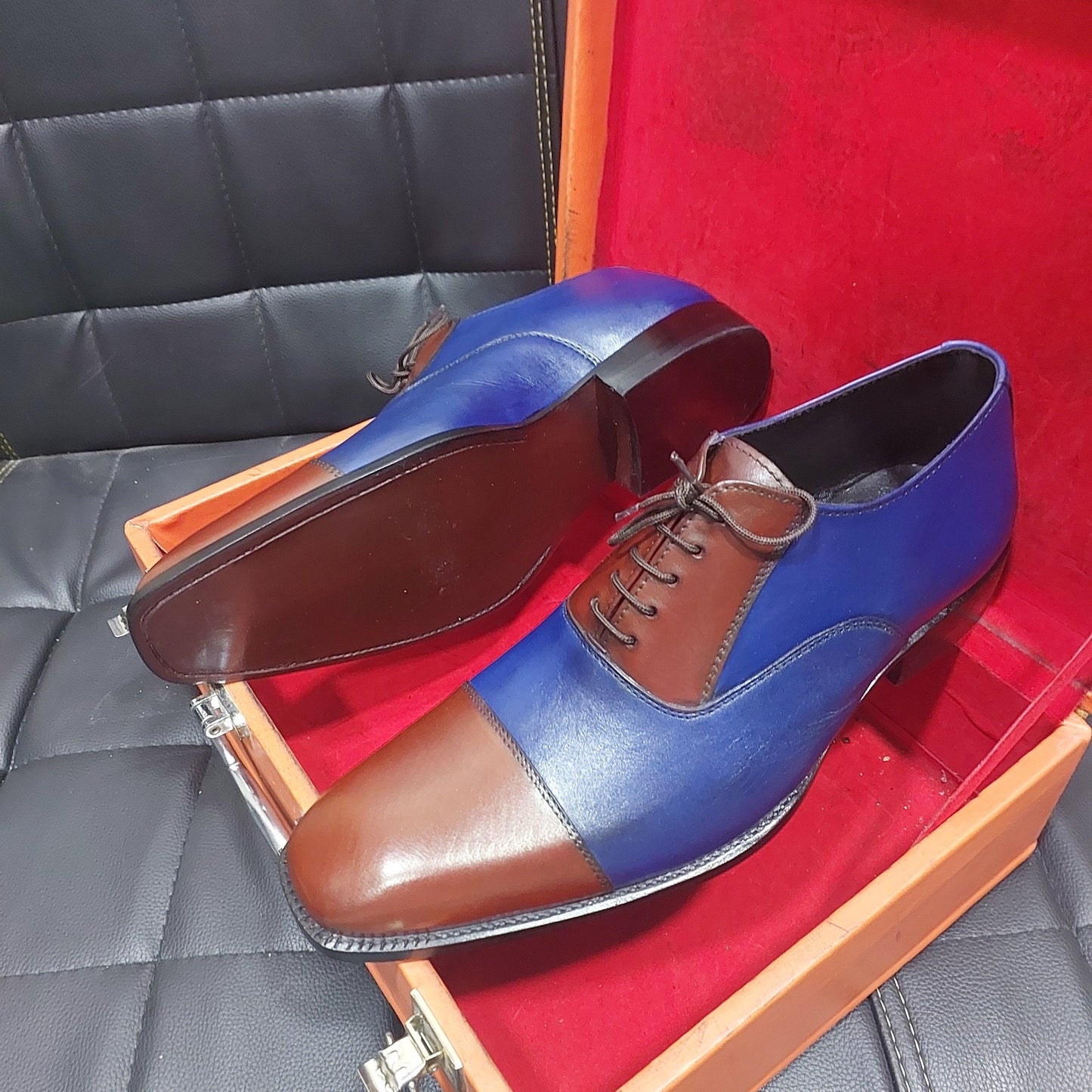 New Men's Handmade Formal Shoes Two Tone Blue & Brown Leather Lace Up Stylish Cap Toe Brogue Dress / Casual Wear Shoes