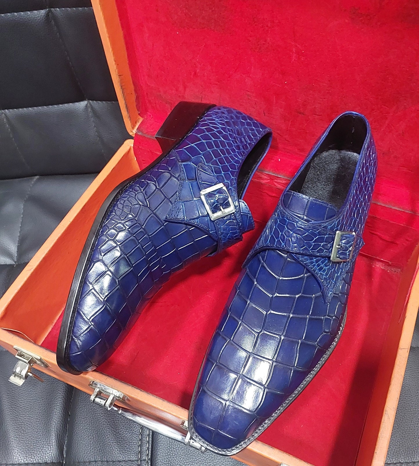 New Men's Handmade Blue Crocodile Textured monk  Stylish Dress & Casual Wear Shoes