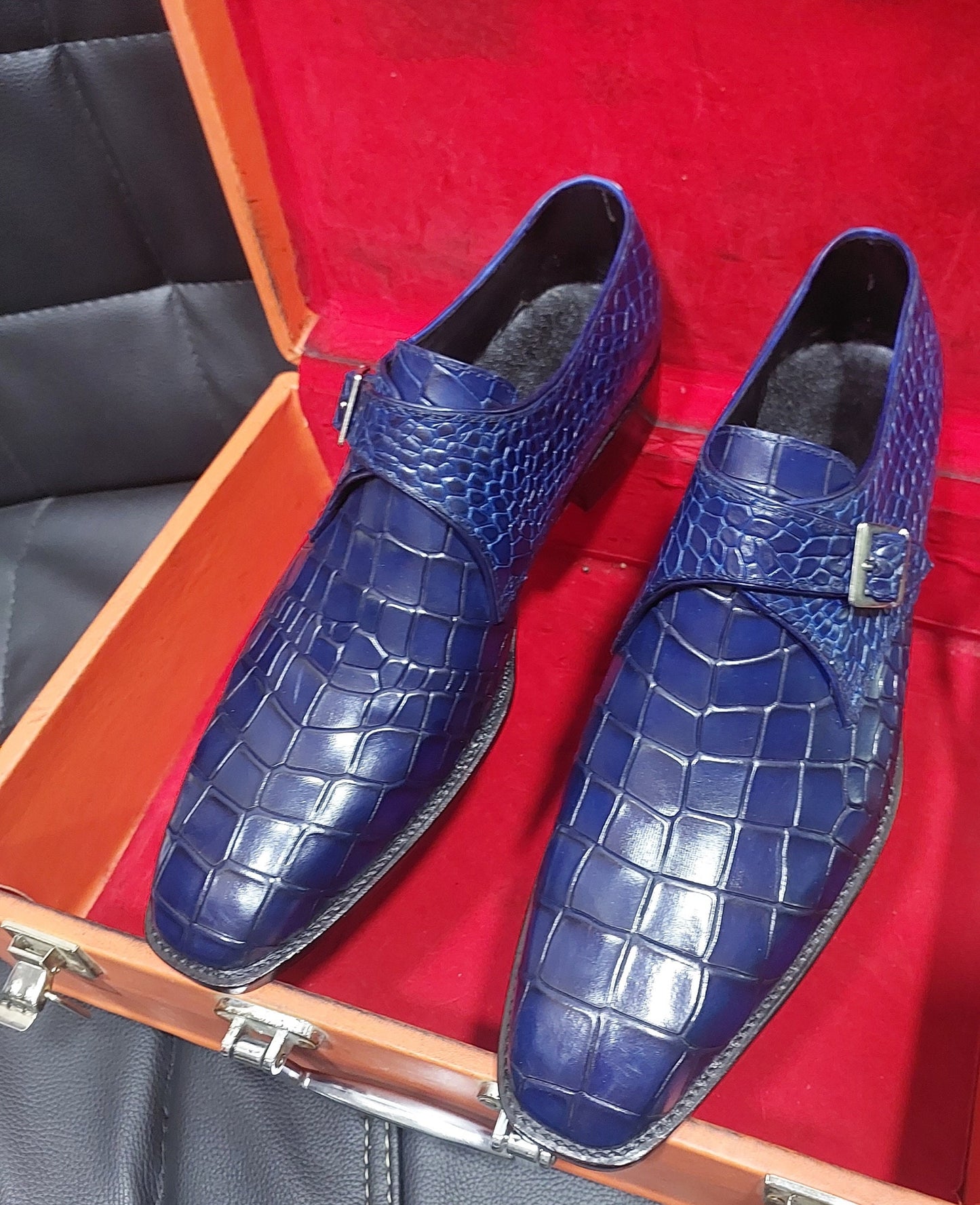 New Men's Handmade Blue Crocodile Textured monk  Stylish Dress & Casual Wear Shoes