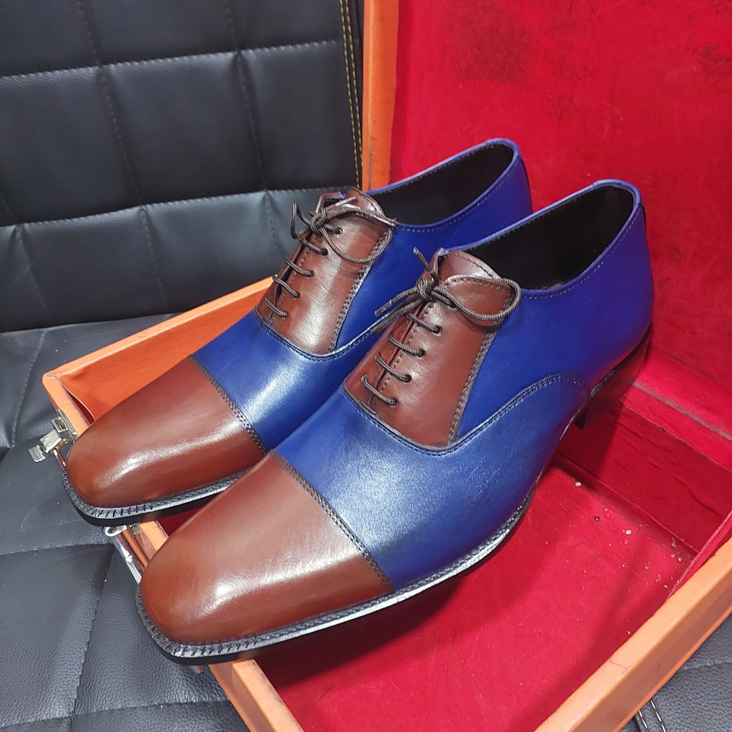 New Men's Handmade Formal Shoes Two Tone Blue & Brown Leather Lace Up Stylish Cap Toe Brogue Dress / Casual Wear Shoes