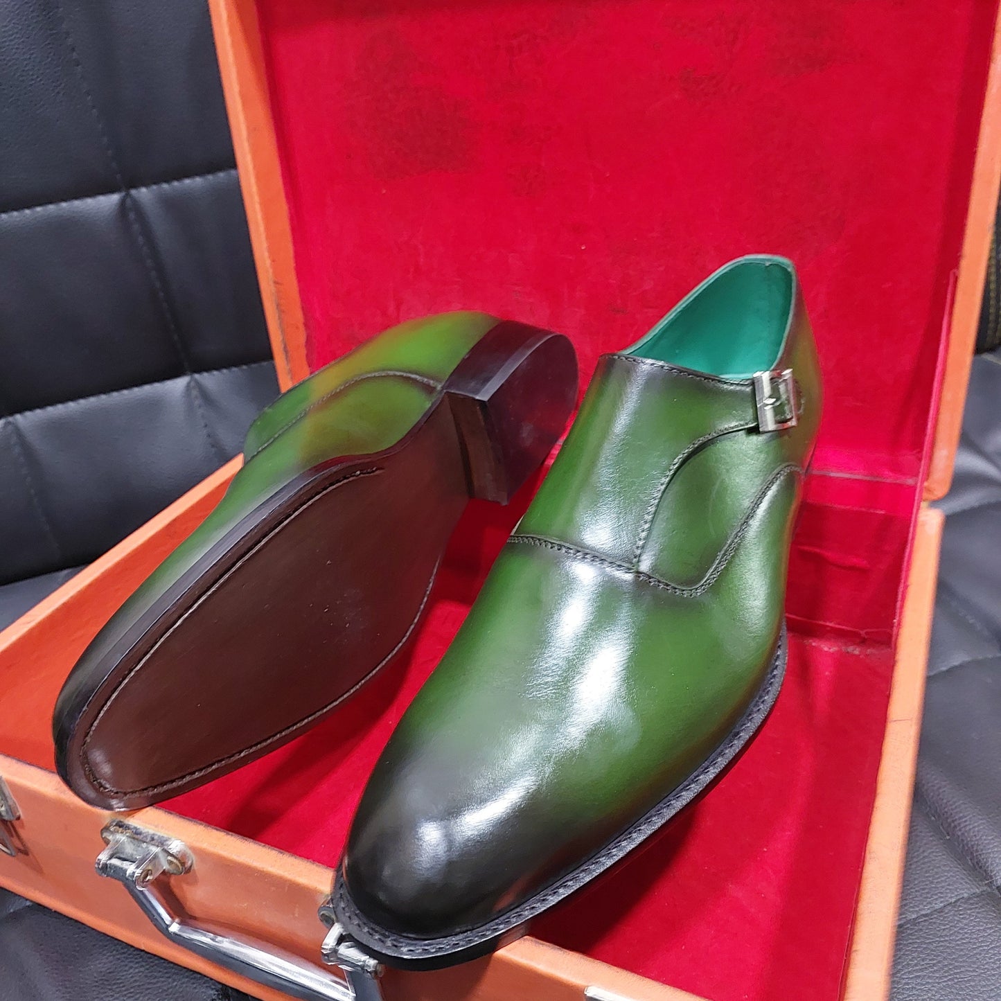 New Men's Handmade Formal Shoes Green Shaded Leather Single Monk Stylish Buckle Strap Dress & Formal Wear Shoes