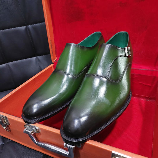 New Men's Handmade Formal Shoes Green Shaded Leather Single Monk Stylish Buckle Strap Dress & Formal Wear Shoes