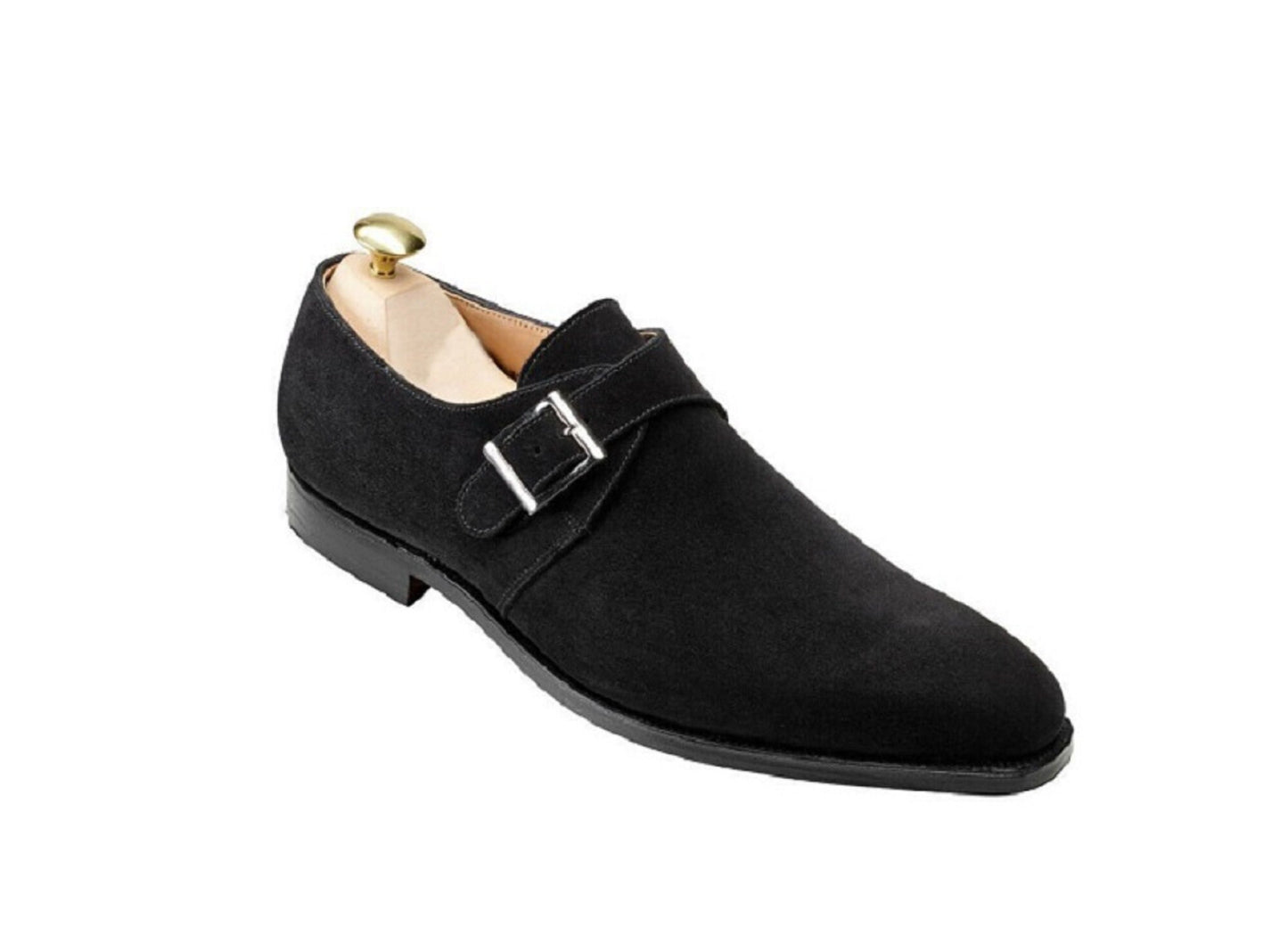 New Men's Black Monk Single Buckle Strap Rounded Derby Toe Suede Genuine Leather Shoes