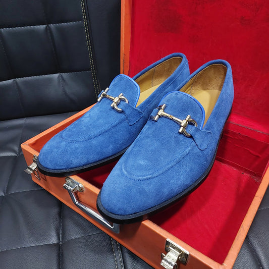 New Men's Handmade Formal Shoes Blue suede Leather Slip On Stylish Loafer Teasels Dress & Formal Wear Shoes