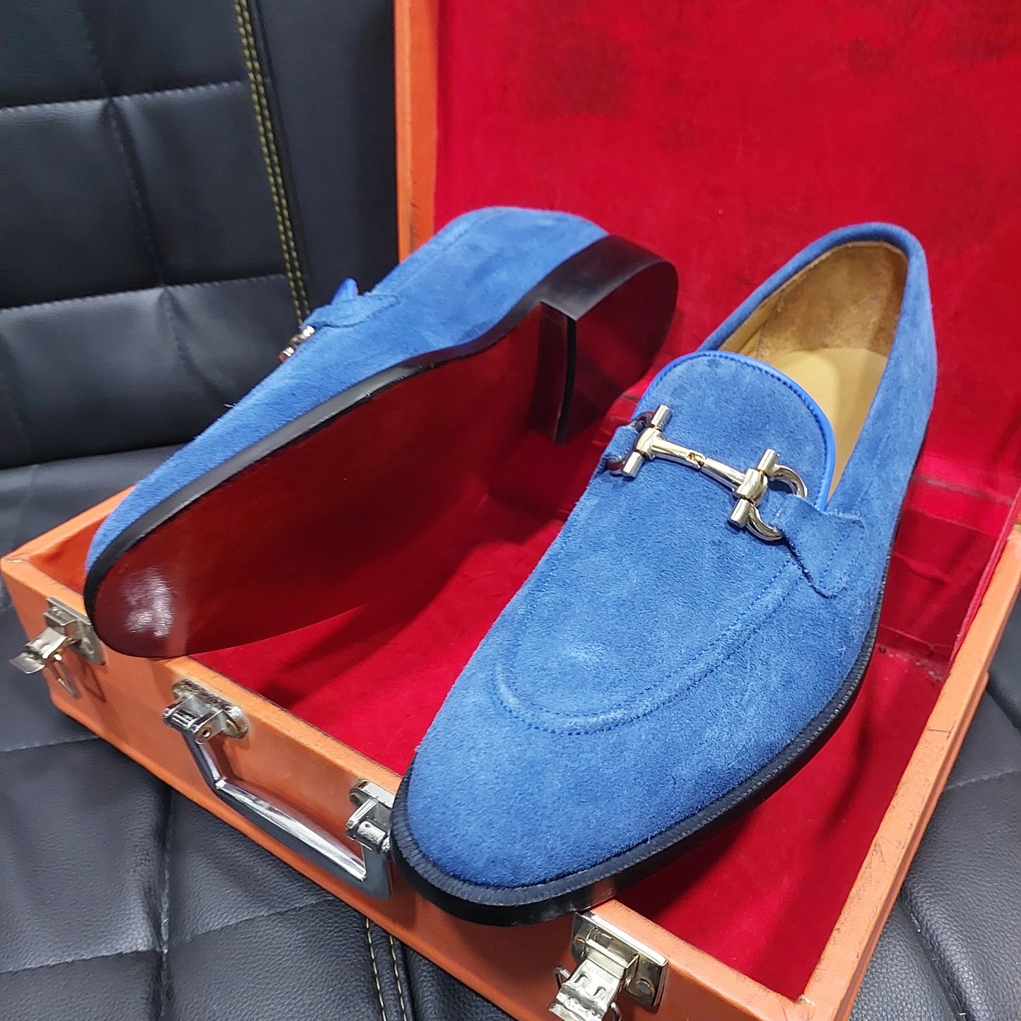 New Men's Handmade Formal Shoes Blue suede Leather Slip On Stylish Loafer Teasels Dress & Formal Wear Shoes