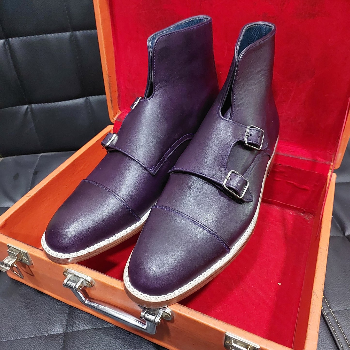 New Men's Handmade Formal Shoes Purple  Leather Lace Up & Monk Straps Double Buckle Ankle High Cap Toe Boots