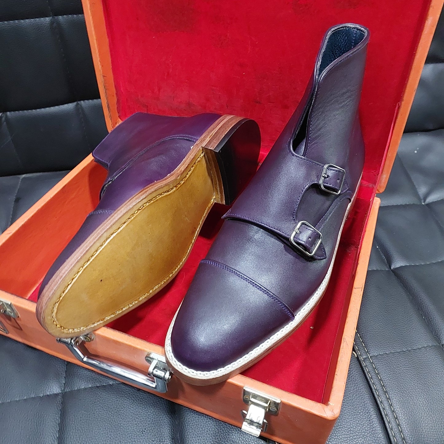 New Men's Handmade Formal Shoes Purple  Leather Lace Up & Monk Straps Double Buckle Ankle High Cap Toe Boots