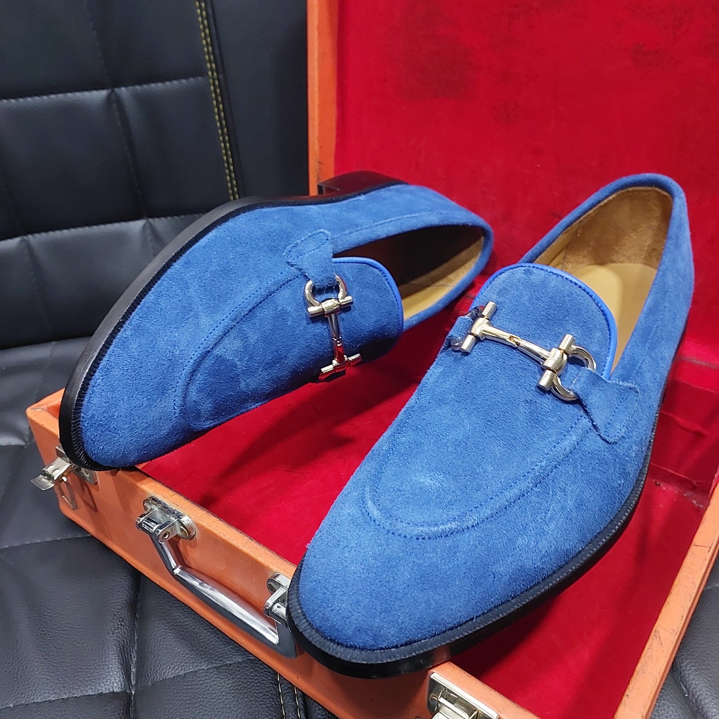 New Men's Handmade Formal Shoes Blue suede Leather Slip On Stylish Loafer Teasels Dress & Formal Wear Shoes